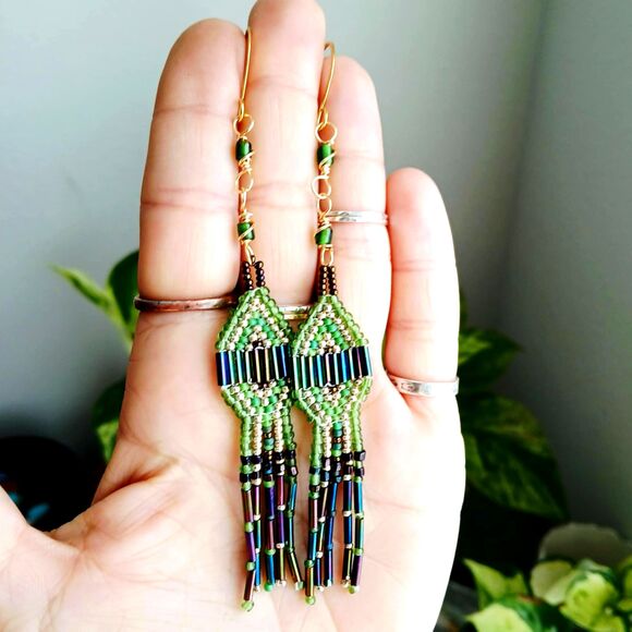 Handmade Jewelry - Boho Chic Beaded Cascade Fringe Dangle Earrings, Seed Bead Jewelry, 5"